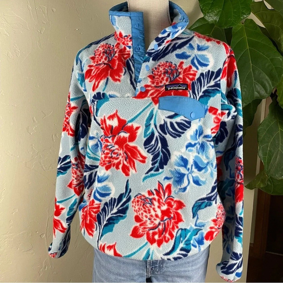 Patagonia Synchilla Manoa Blue Floral Snap T Fleece Pullover - Picture 1 of 12